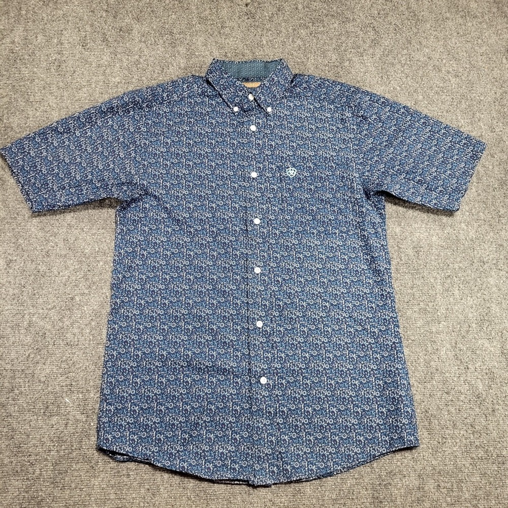Ariat Mens Wrinkle Free Emmitt Fitted Blue Short Sleeve Floral T-Shirt Sz Medium